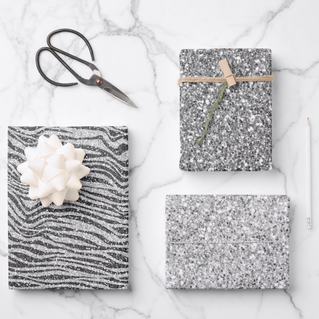 Silver Black Glitzy Zebra Print Glitter        Wrapping Paper Sheet (Front)