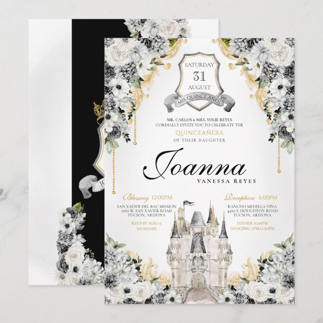 Silver Black Gold Floral Royal Princess Birthday Invitation (Front/Back)