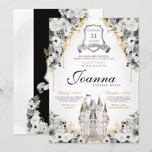 Silver Black Gold Floral Royal Princess Birthday Invitation
