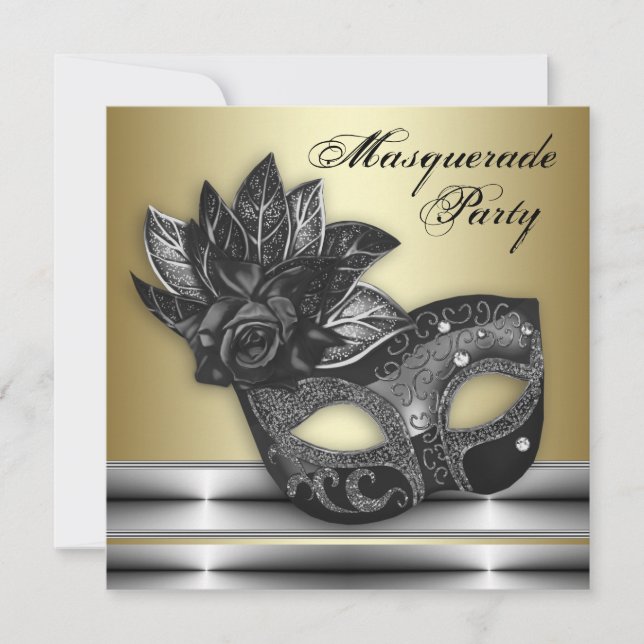 Silver Black Gold Masquerade Party Invitations (Front)