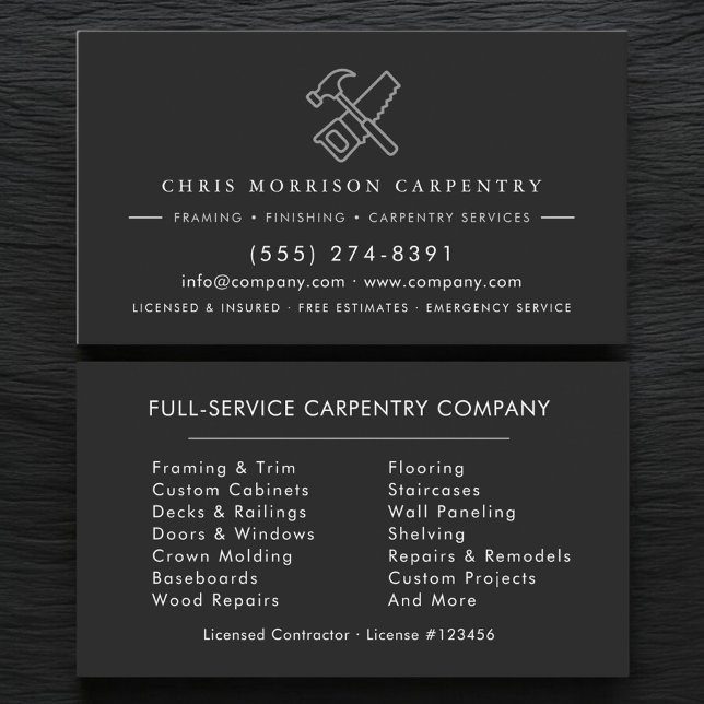 Silver Black Hammer Saw Carpentry Carpenter Business Card (Creator Uploaded)