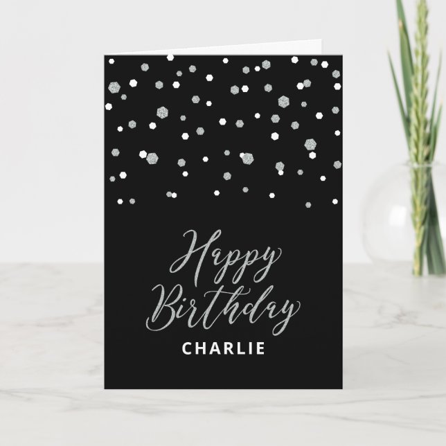 Silver & Black Happy Birthday Custom Name Greeting Card (Front)