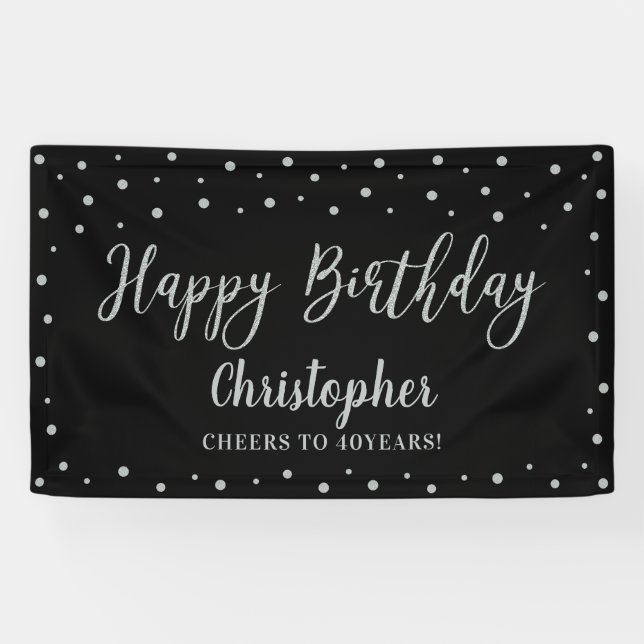Silver & Black Happy Birthday Party Banner (Horizontal)