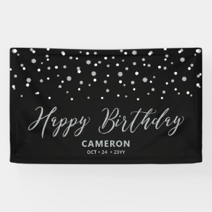 Silver & Black Hexagon Confetti Happy Birthday Ban Banner