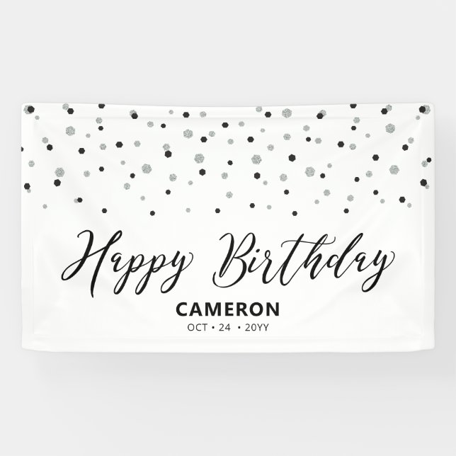 Silver & Black Hexagon Confetti Happy Birthday Banner (Horizontal)