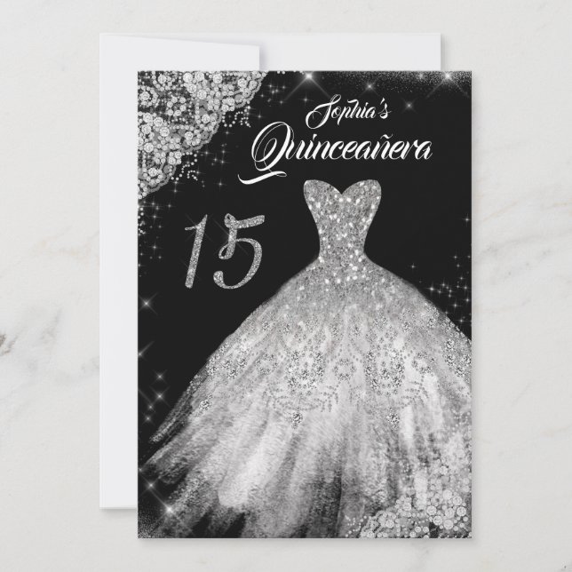 Silver Black Lace Diamond Sparkle Gown Quinceanera Invitation (Front)