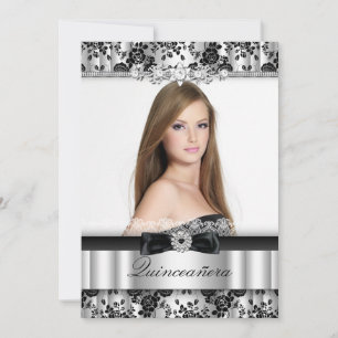 Silver & Black Lace Photo Quinceanera Invitation