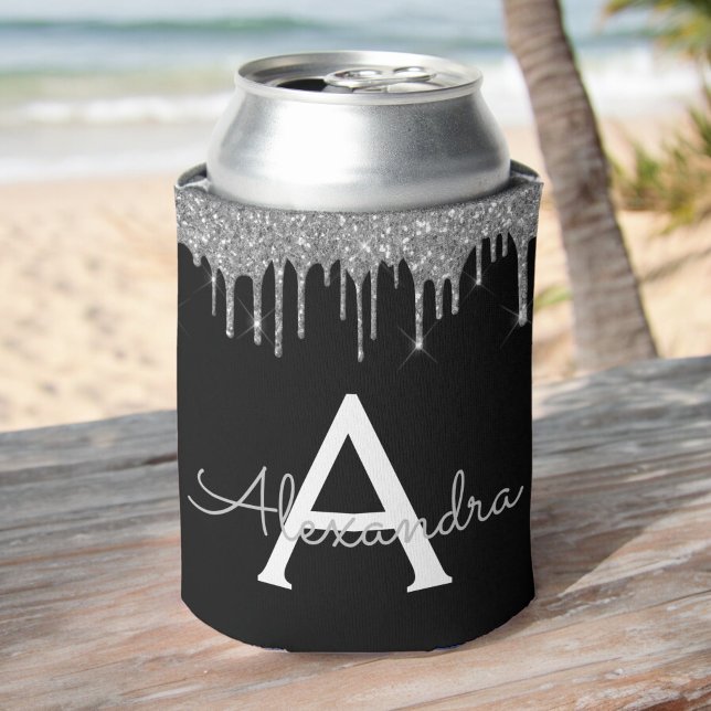 Silver Black Luxury Glitter Glam Monogram Name Can Cooler (Creator Uploaded)