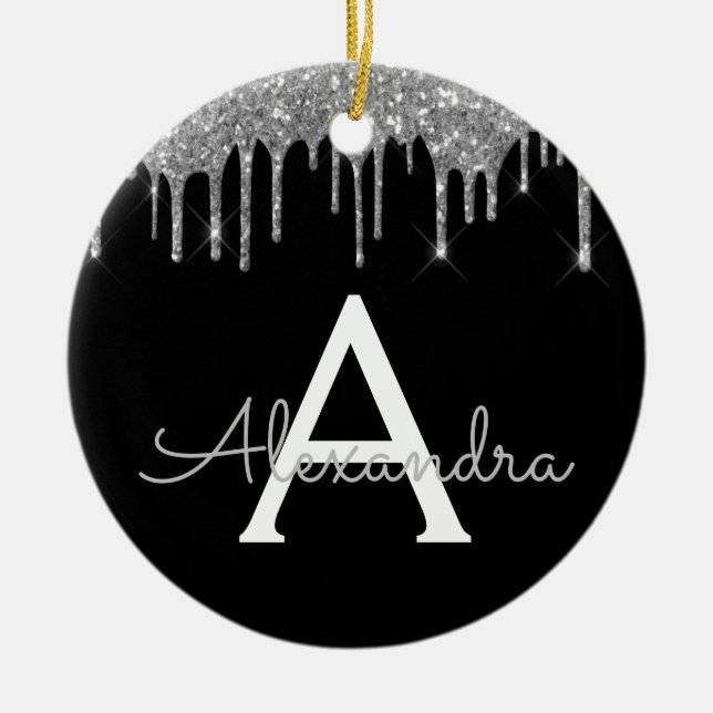 Silver Black Luxury Glitter Glam Monogram Name Ceramic Tree Decoration (Front)