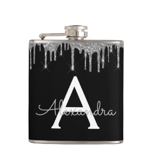 Silver Black Luxury Glitter Glam Monogram Name Hip Flask
