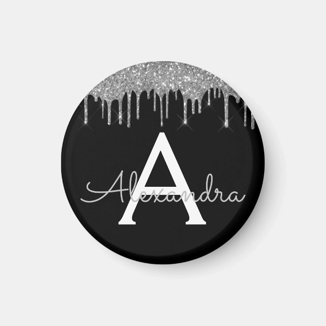 Silver Black Luxury Glitter Glam Monogram Name Magnet (Front)