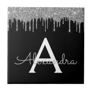 Silver Black Luxury Glitter Glam Monogram Name Tile