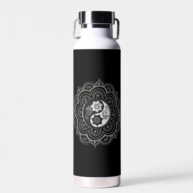 Silver & Black Mandala water bottle (Front)