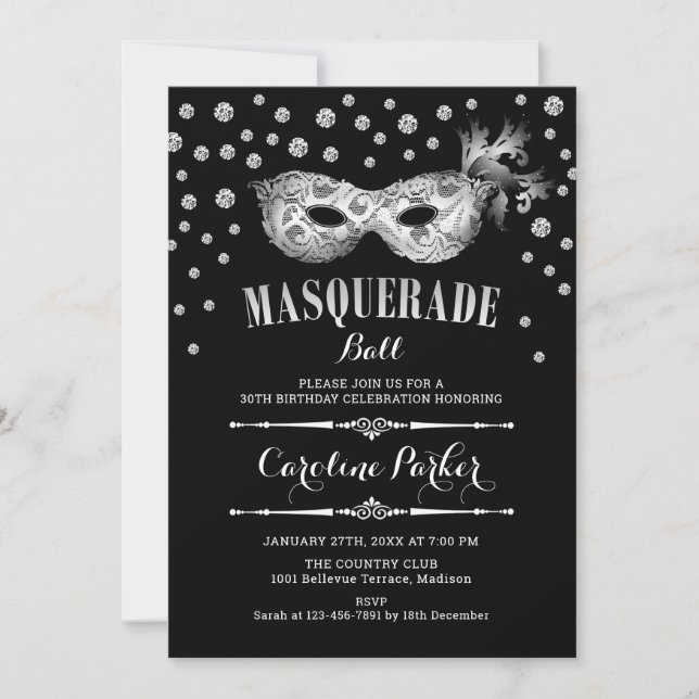 Silver Black Masquerade Ball Birthday Party Invitation (Front)