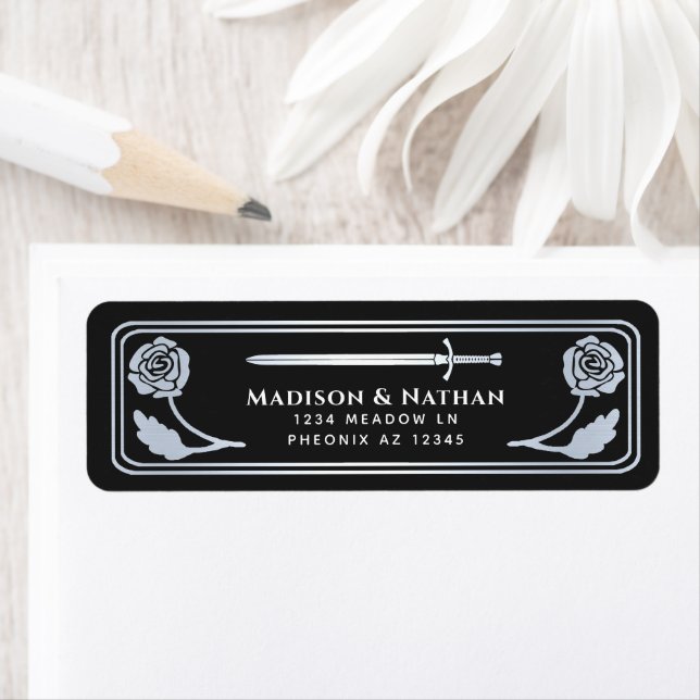 Silver Black Mediaeval Fantasy Sword Wedding Label (Insitu)