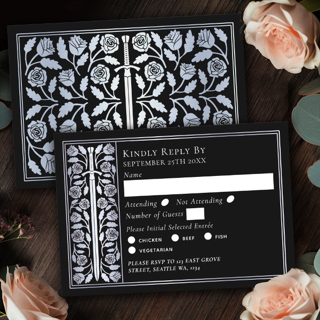 Silver Black Mediaeval Sword Wedding RSVP Card (Creator Uploaded)
