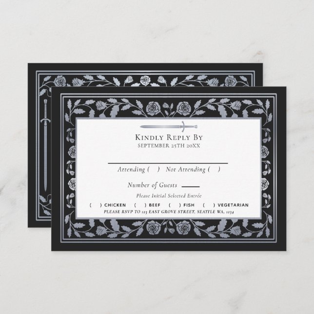 Silver Black Mediaeval Sword Wedding RSVP QR Code Enclosure Card (Front/Back)