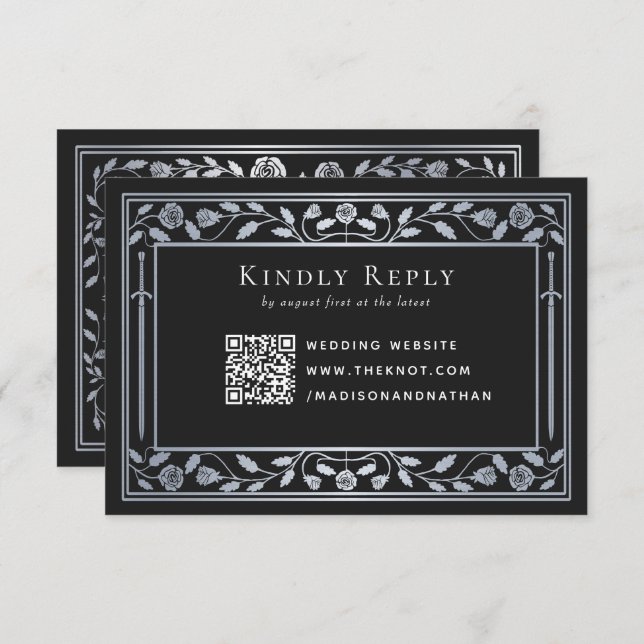 Silver Black Mediaeval Sword Wedding RSVP QR Code Enclosure Card (Front/Back)