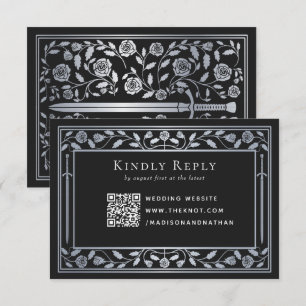 Silver Black Mediaeval Sword Wedding RSVP QR Code Enclosure Card