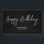 Silver & Black Minimal Custom Happy Birthday Banner<br><div class="desc">This simple birthday banner design features stylish script lettering "Happy Birthday" with custom texts. You can personalise the text. Perfect party decor for a modern black & gold birthday party. More matching items available at my shop BaraBomDesign.</div>