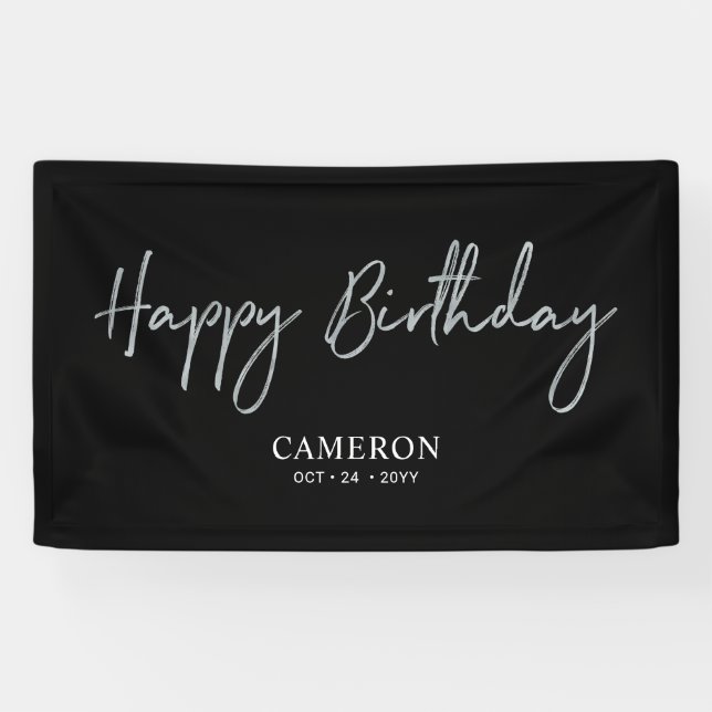 Silver & Black Minimal Custom Happy Birthday Banner (Horizontal)