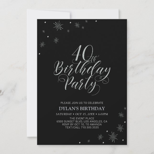 Silver & Black | Modern Chic 40th Birthday Party Invitation (Front)