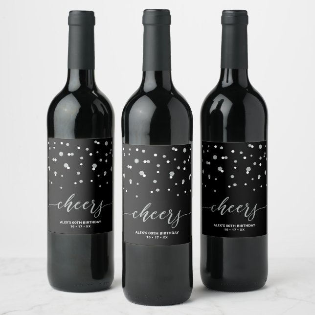 Silver & Black Modern Milestone Birthday Party Win Wine Label (Bottles)