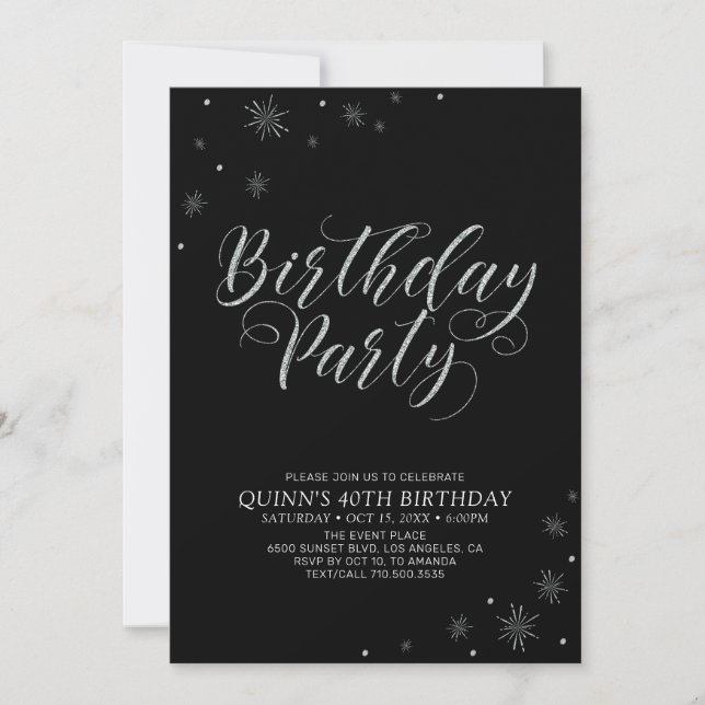 Silver & Black Modern Photo Adult Birthday Party Invitation (Front)
