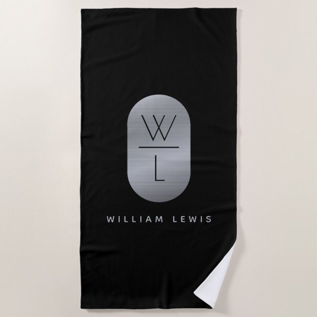 Silver & Black Monogram Modern Minimalist Beach Towel (Front)