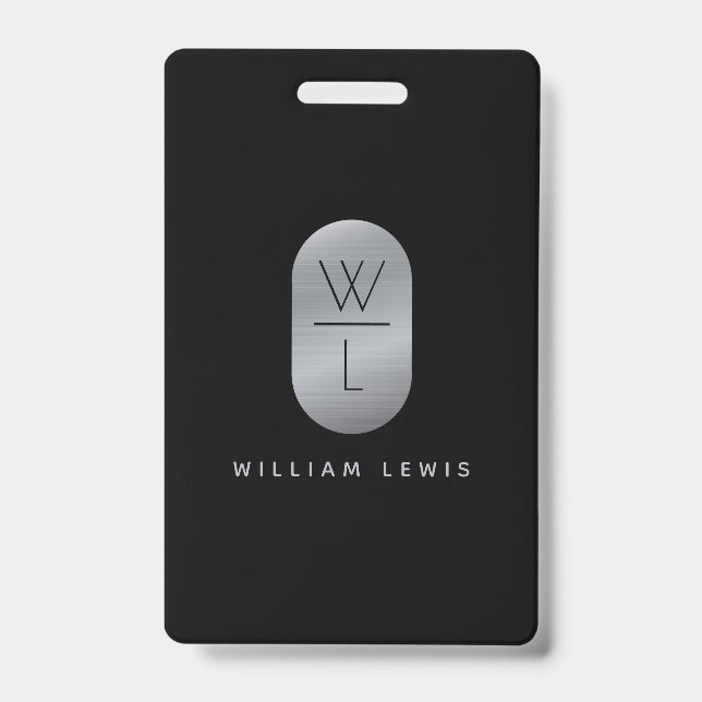 Silver & Black Monogram Modern Minimalist ID Badge (Front)