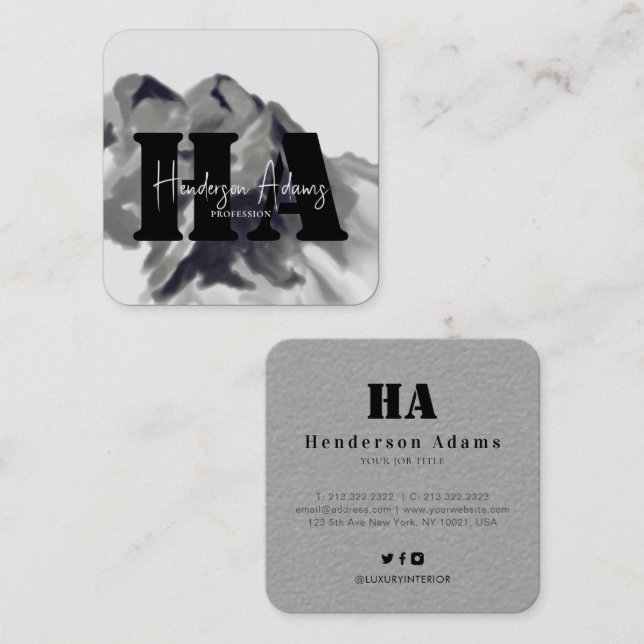 Silver Black Mountains Abstract Signature Monogram Square Business Card (Front/Back)