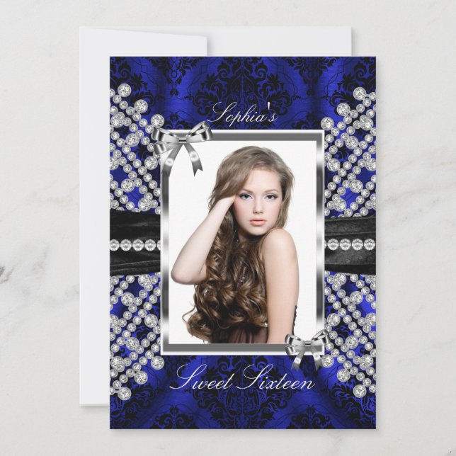 Silver Black Navy Jewel & Damask Photo Sweet 16 Invitation (Front)