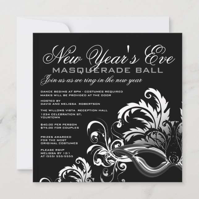 Silver/Black New Years Eve Masquerade Ball Invitation (Front)