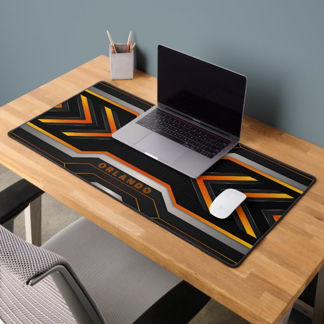 Silver. black, orange geometric gaming  monogram desk mat (Office 2)