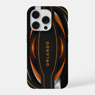 Silver, black, orange geometric gaming monogram iPhone 15 pro case