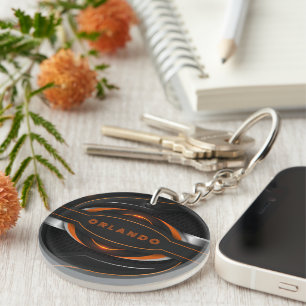 Silver, black, orange geometric gaming monogram key ring