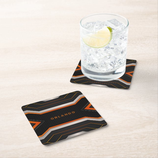 Silver. black, orange geometric gaming  monogram square paper coaster (Insitu)