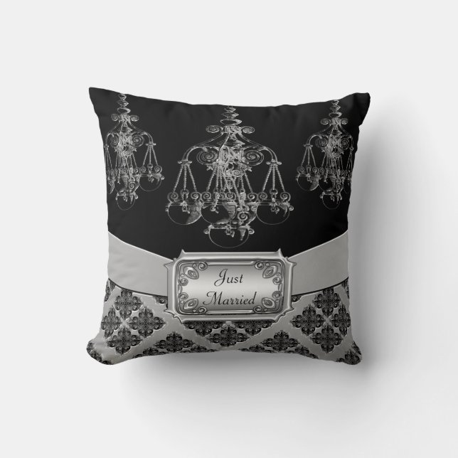 Silver & Black Ornate Chandelier Wedding Cushion (Front)