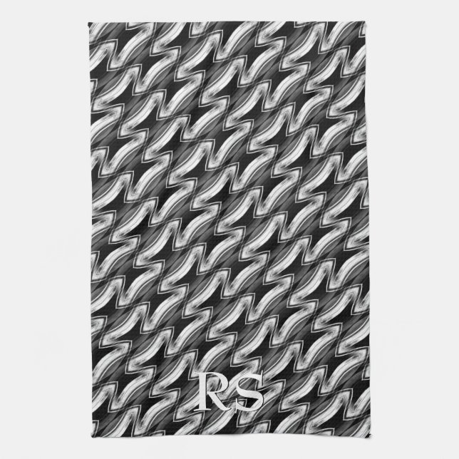 Silver Black Pattern: Monogram Kitchen Decor Tea Towel (Vertical)