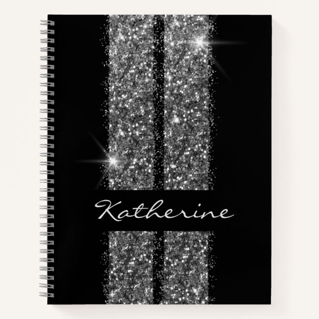 Silver Black Personalised Glitter Race Stripe Notebook (Front)