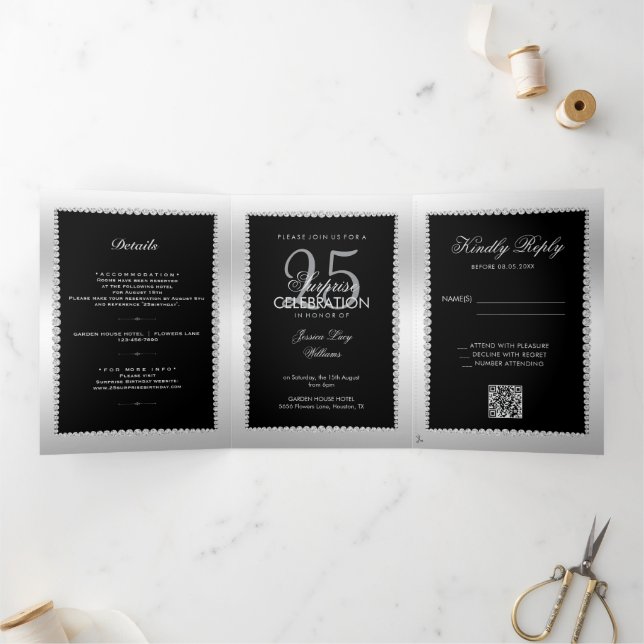Silver Black Photo, QR Code 25th Surprise Birthday Tri-Fold Invitation (Inside)