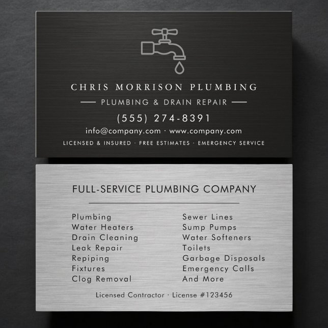 Silver & Black Plumber Plumbing Company Metallic Business Card (Creator Uploaded)