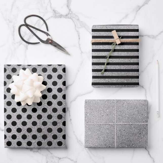 Silver Black Polka Dots Stripes Christmas Holiday Wrapping Paper Sheet (Front)