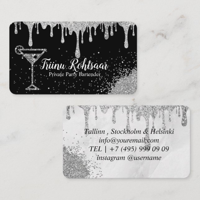 Silver Black Private Party Bartender Business Card (Front/Back)