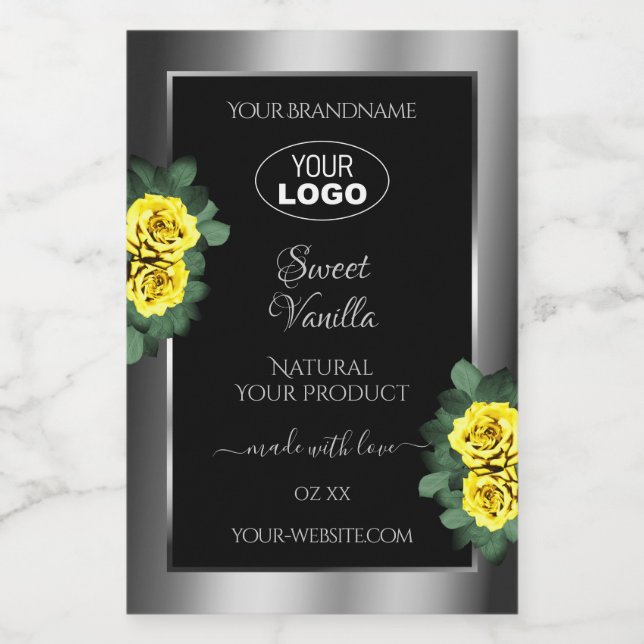 Silver Black Product Labels Yellow Roses with Logo (Single Label)