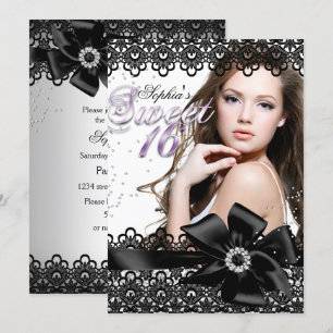 Silver Black Purple Lace Photo Sweet 16 Invite