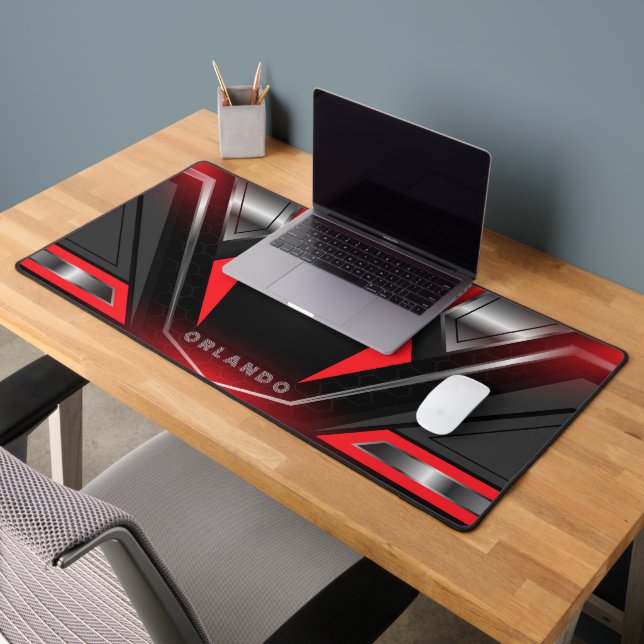 Silver, black, red geometric gaming  monogram desk mat (Office 2)