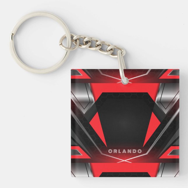 Silver, black, red geometric gaming  monogram key ring (Front)