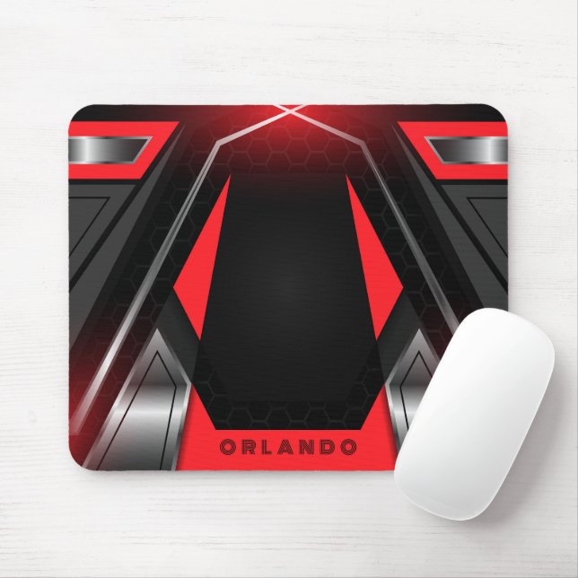 Silver, black, red geometric gaming  monogram mouse mat (With Mouse)