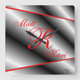 Silver,Black & Red Monogrammed clock-customise Square Wall Clock